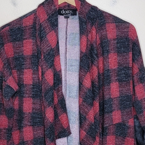 Dotty | Womens Red Black Plaid Cascade Tiered Open Front Cardigan Small - Picture 2 of 7